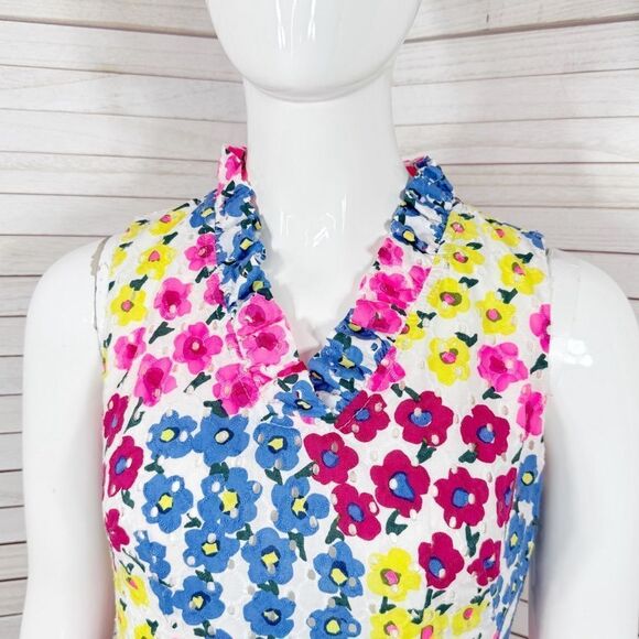 Talbots Petite Floral Eyelet Ruffle Trim Neck Sleeveless Dress White Multi 2P - Picture 7 of 15